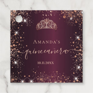 Quinceanera burgundy rose gold tiara thank you favour tags