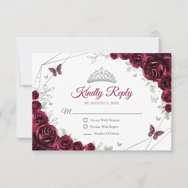 Quinceanera Burgundy Silver Floral Reply RSVP Card (Front)