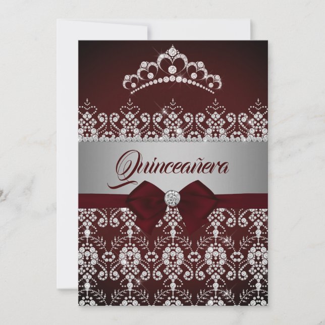 Quinceanera Burgundy Sparkle Diamond Tiara Bow Invitation (Front)
