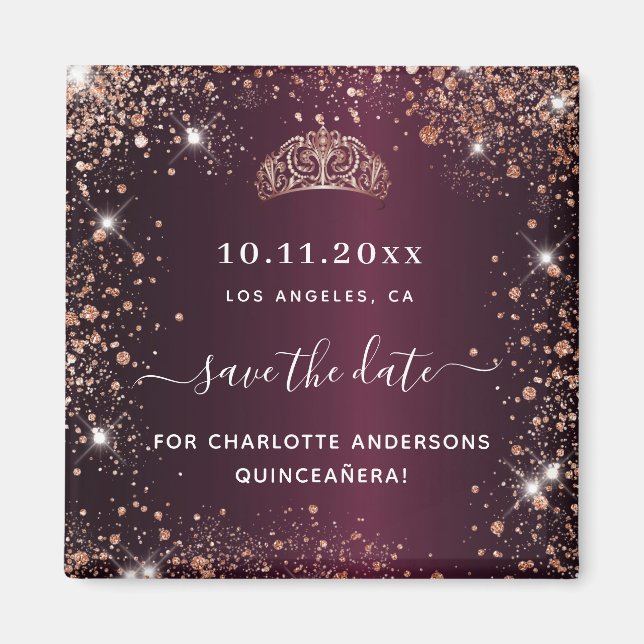 Quinceanera burgundy tiara rose gold save the date magnet (Front)