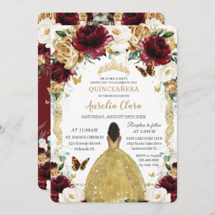 Quinceañera Burgundy White Gold Floral Brown Girl Invitation