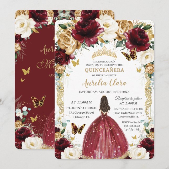 Quinceañera Burgundy White Gold Floral Girl Dress Invitation (Front/Back)