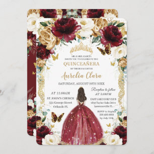 Quinceañera Burgundy White Gold Floral Girl Dress Invitation