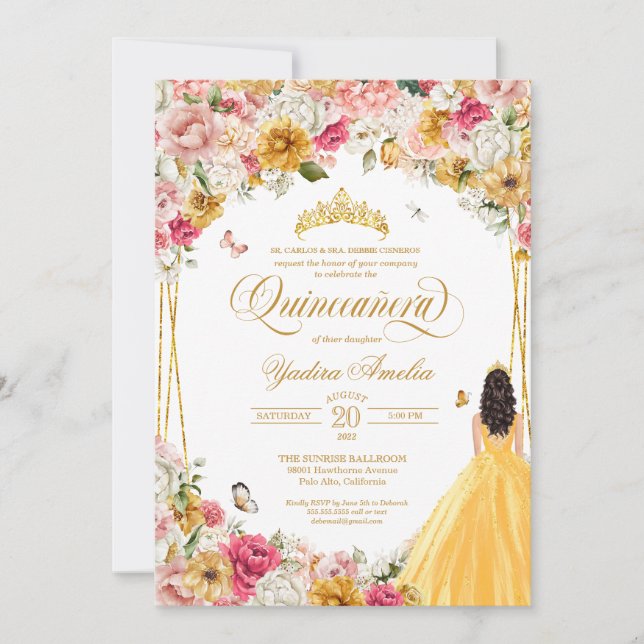  Quinceanera Butterfly Blush Pink Yellow Floral In Invitation (Front)