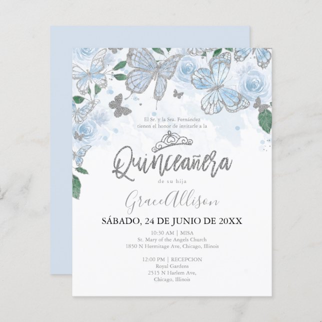 Quinceanera Butterfly Budget Invitation - Spanish (Front/Back)