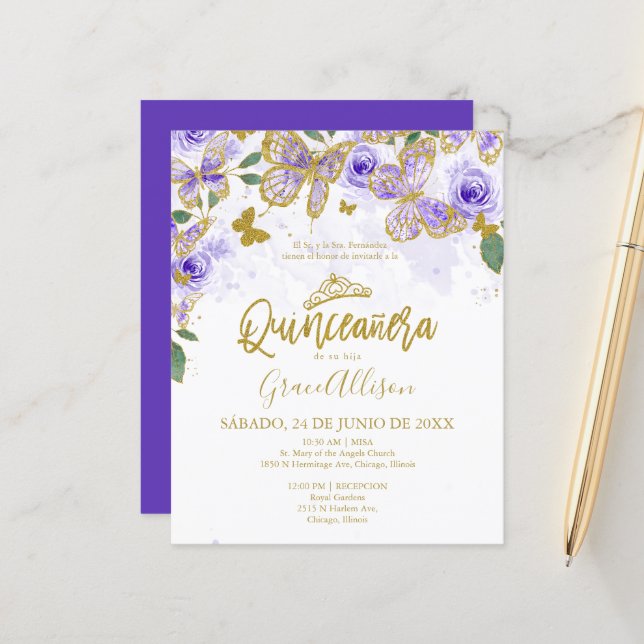 Quinceanera Butterfly Budget Invitation Spanish (Front/Back In Situ)