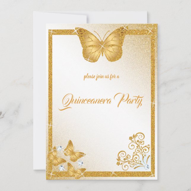 quinceanera butterfly gold glitter elegant diamond invitation (Front)
