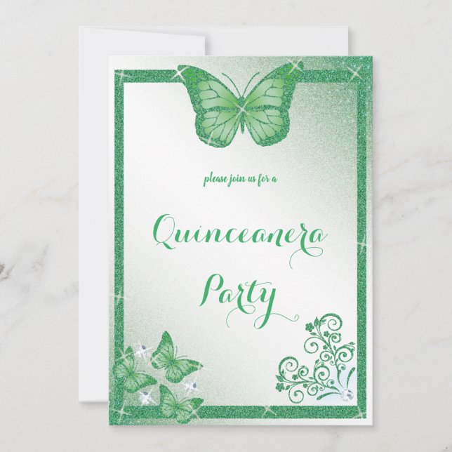quinceanera butterfly green glitter elegant  invitation (Front)