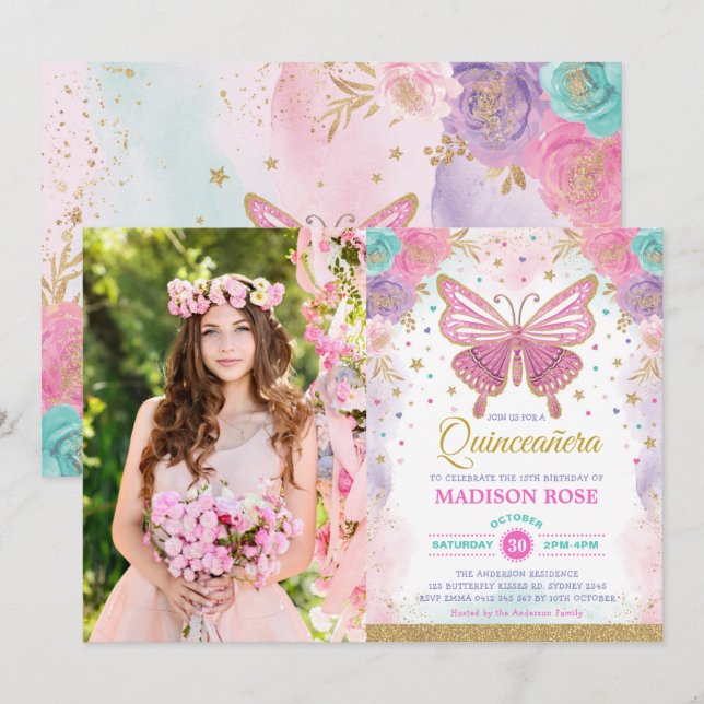 Quinceañera Butterfly Pink Purple Teal Birthday Invitation (Front/Back)
