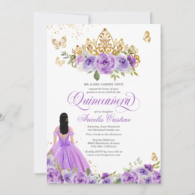 Quinceañera Butterfly & Purple Watercolor Flowers  Invitation (Front)
