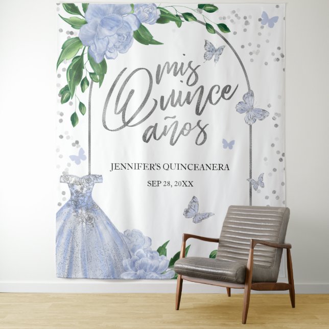 Quinceanera Butterflys Dusty Blue Gown Backdrop Tapestry (In Situ)