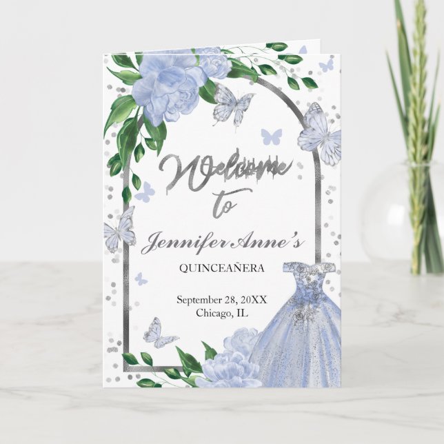 Quinceanera Butterflys Dusty Blue Gown Programs Programme (Front)