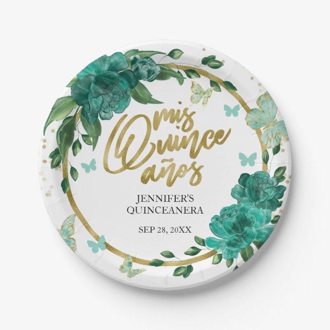 Quinceanera Butterflys Emerald Green Gown Paper Plate (Front)