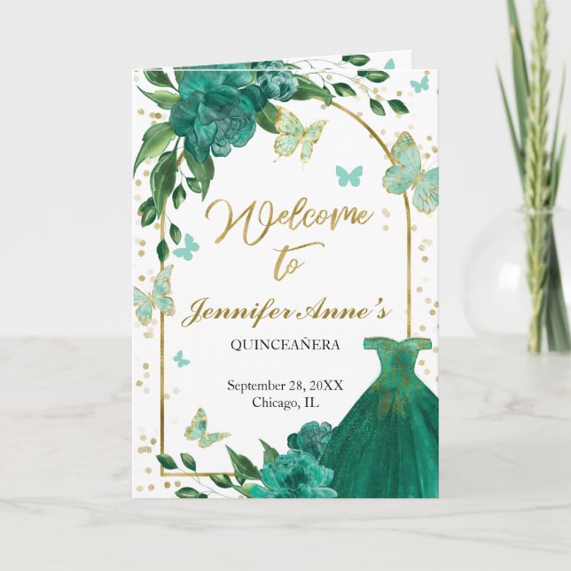 Quinceanera Butterflys Emerald Green Gown Programs Programme (Front)