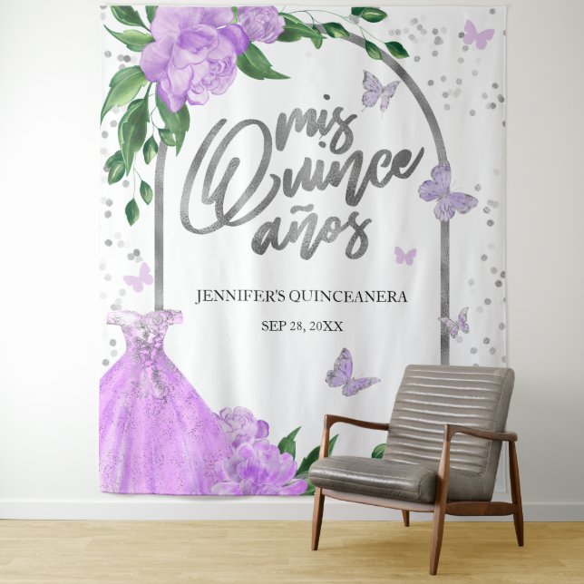 Quinceanera Butterflys Lavender Gown Backdrop Tapestry (In Situ)