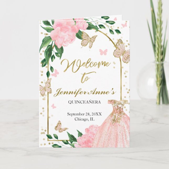 Quinceanera Butterflys Pink Blush Gown Programs Programme (Front)