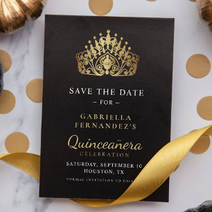 Quinceañera Calligraphy Gold Princess Tiara Crown Save The Date