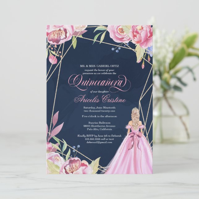 Quinceanera celebration pink and navy blue & gown  invitation (Standing Front)