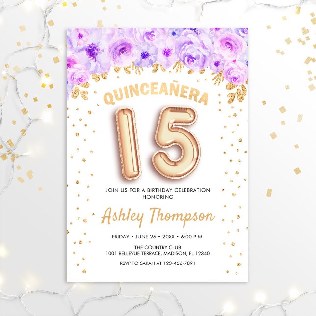 Quinceanera Celebration - Purple Gold Balloons Invitation (Creator Uploaded)