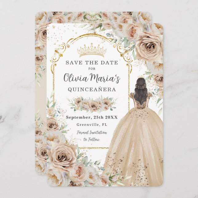 Quinceañera  Champagne Beige Cream Floral Princess Save The Date (Front/Back)