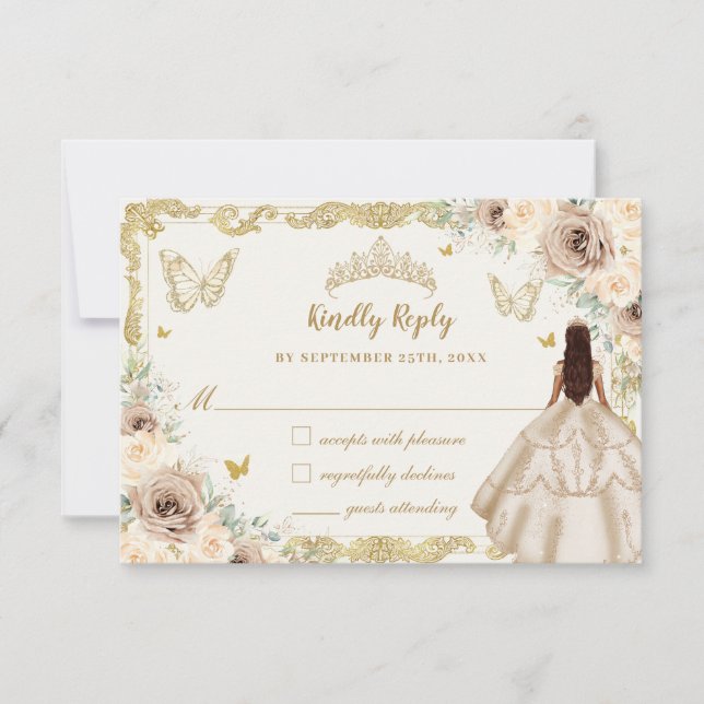 Quinceañera Champagne Floral Dress Princess Gold RSVP Card (Front)