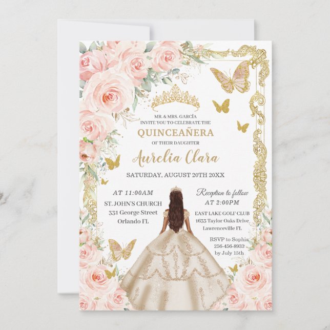 Quinceañera Champagne Vintage Gold Blush Floral Invitation (Front)