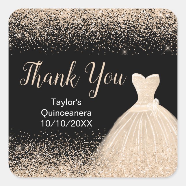 Quinceanera Champagne White Dress Faux Glitter Square Sticker (Front)