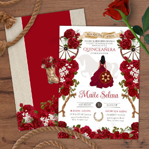 Quinceanera Charra Girl Elegant Red Roses & Horse Invitation
