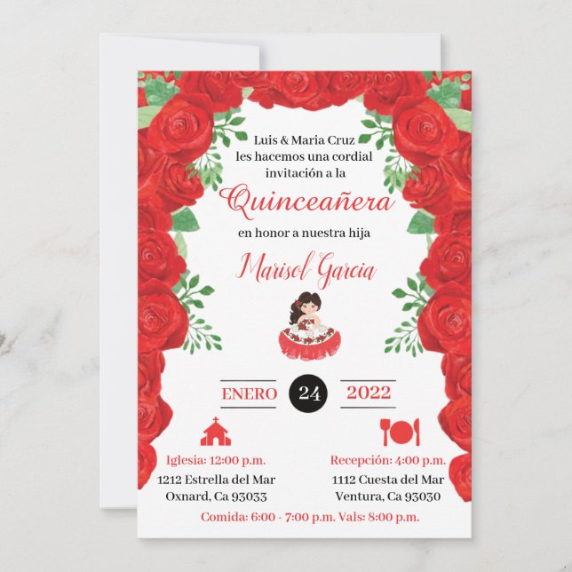 Quinceanera Charra Invitations, Red Roses charra (Front)