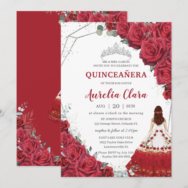 Quinceañera Charro Dress Red Roses Floral Silver Invitation (Front/Back)