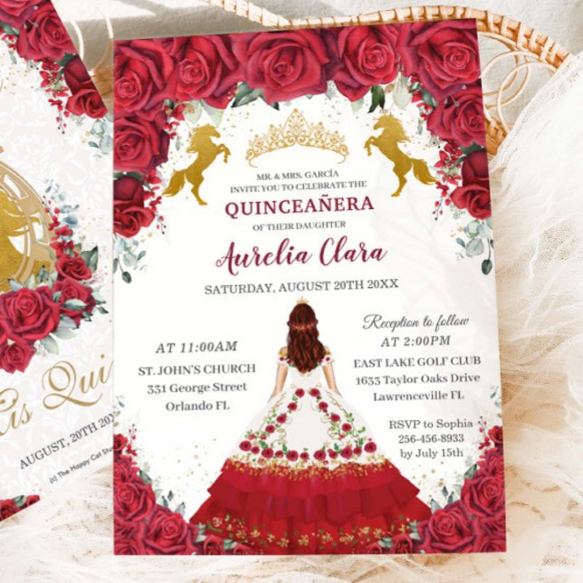Quinceañera Charro Red Floral Princess Gold Horses Invitation (Creator Uploaded)