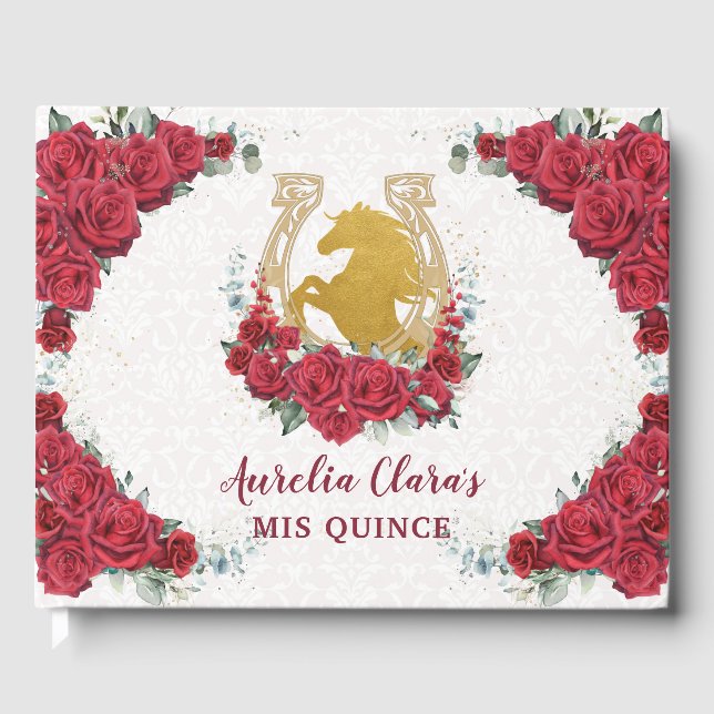 QUINCEAÑERA Charro Red Roses Floral Horse Princess Guest Book (Front)