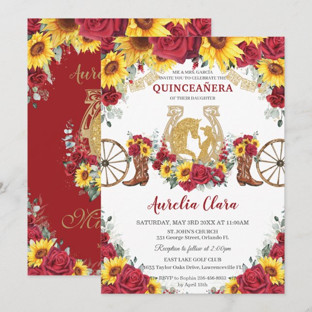 Quinceañera Charro Sunflowers Red Roses Horse Boot Invitation (Front/Back)