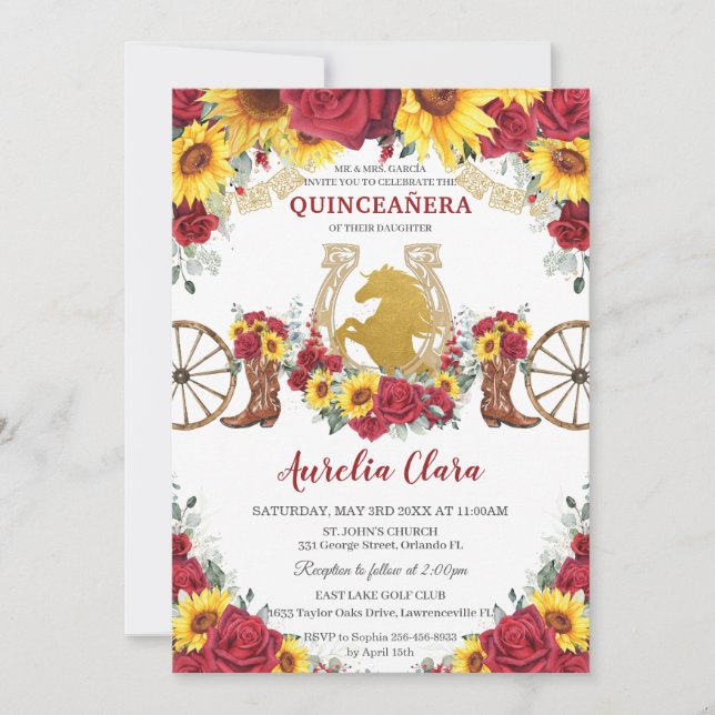 Quinceañera Charro Sunflowers Red Roses Horseshoe Invitation (Front)