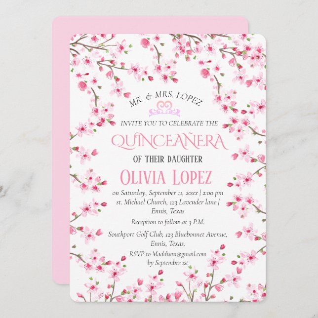 Quinceañera Cherry Blossom Floral 15th Birthday  Invitation (Front/Back)