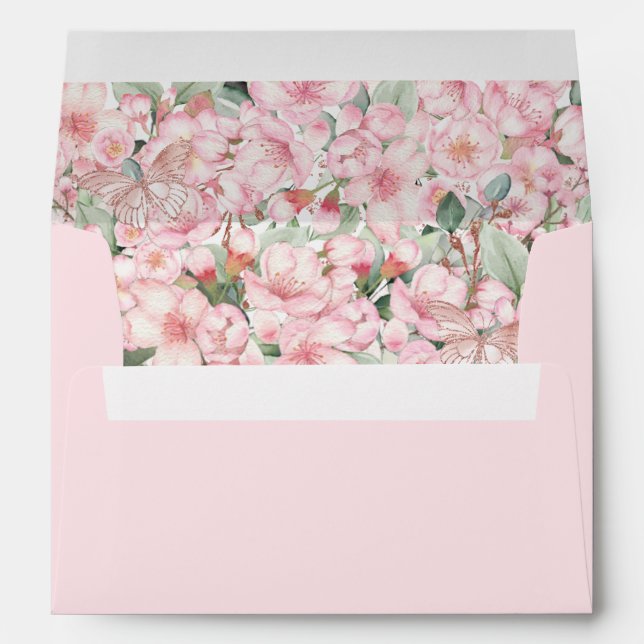 Quinceañera Cherry Blossoms Rose Gold Butterflies Envelope (Back (Bottom))