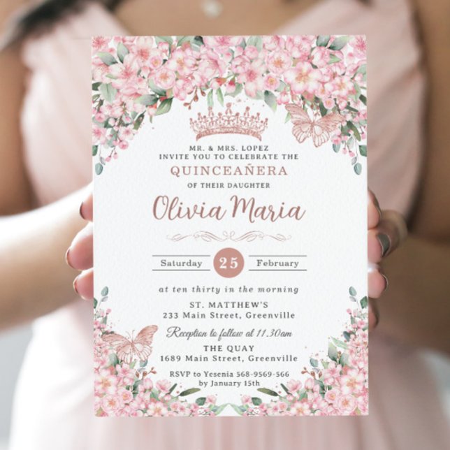 Quinceañera Cherry Blossoms Rose Gold Butterflies Invitation (Creator Uploaded)