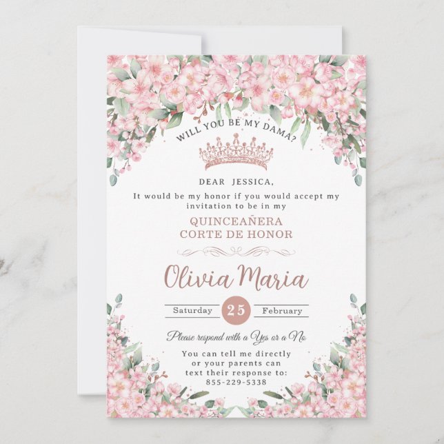 Quinceañera Cherry Blossoms Rose Gold Dama Request Invitation (Front)