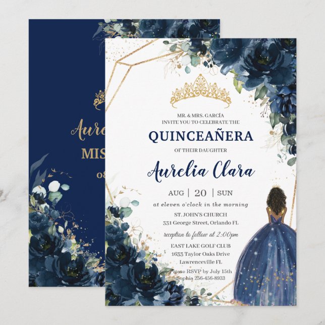 Quinceañera Chic Navy Blue Floral Brown Princess Invitation (Front/Back)