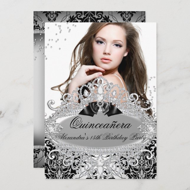 Quinceanera Chic Silver Damask Diamond Jewel Photo Invitation (Front/Back)