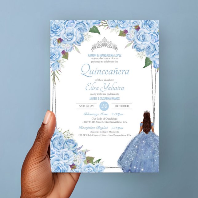 Quinceanera Cinderella Princess Blue Rose Birthday Invitation (Creator Uploaded)