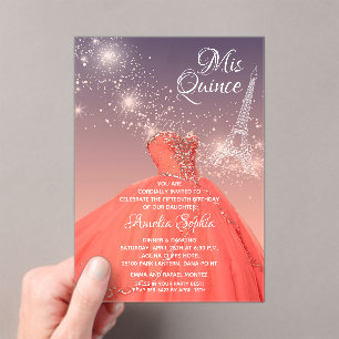 Quinceañera Coral Dress Eiffel Tower Acrylic Invitations