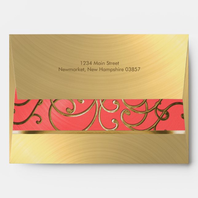 Quinceanera Coral Pink and Gold Filigree Swirls Envelopes (Back (Top Flap))