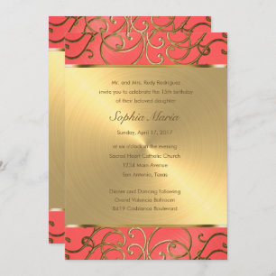 Quinceanera Coral Pink and Gold Filigree Swirls Invitation