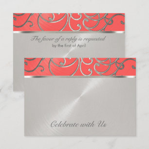 Quinceanera Coral Pink and Silver Filigree Swirls Invitation