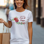 Quinceanera Corte de Honour Elegant Red Rose Flora T-Shirt<br><div class="desc">Personalised Quinceanera tshirts for your Court de Honour. Matching Mis Quince Anos tshirt available for the damas and quinceneara to wear together for dance rehearsals, shopping trips etc. The floral design has a feminine and elegant arrangement of watercolor roses and rosebuds in shades of pink and red with sun-kissed leaves...</div>