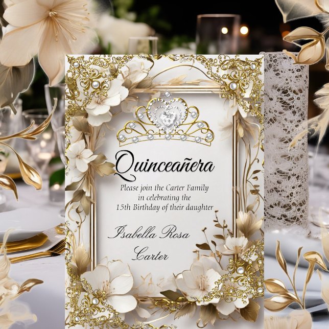 Quinceanera Cream Floral Gold White Tiara Party Invitation (Creator Uploaded)