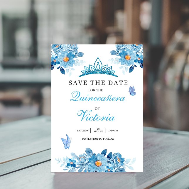 Quinceañera crown Baby Blue Floral Butterflies Save The Date (Creator Uploaded)