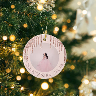 Quinceanera custom photo rose gold pink glitter ceramic tree decoration