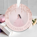 Quinceanera custom photo rose gold pink glitter ornament<br><div class="desc">An ornament for a girly and glamorous Quinceañera, 15th birthday. A rose gold, pink background and decorated with rose gold faux glitter drips, paint dripping look. Personalize and add a photo, age and a date. Dark rose gold colored text. Perfect as table setting, party decoration, favor, keepsake or as a...</div>